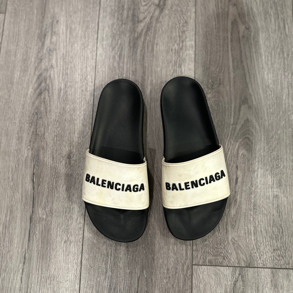 Balenciaga White and Black Pool Slides